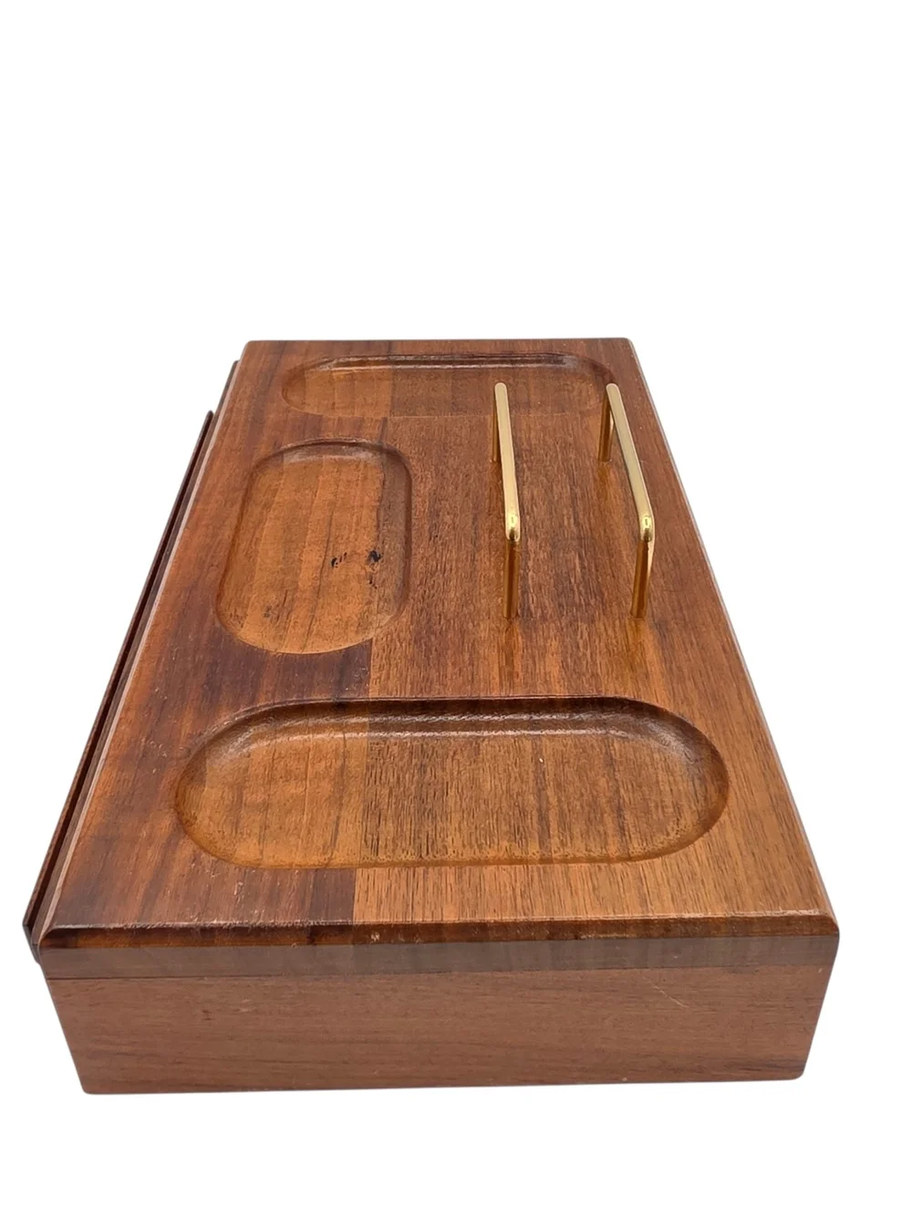 Vintage Wooden Jewelry Tray Mens  Valet with Red Velvet Interior and Gold Handle